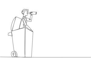 Continuous one line drawing businessman pops out of a wheeled bin look for something through binoculars. Importance of modernizing everything in business. Single line draw design illustration vector