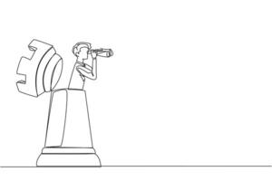 Single continuous line drawing businessman emerges from the rook chess piece looking for something through binoculars. Starting new challenge. Search new strategy. One line design illustration vector