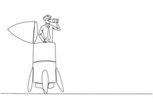 Continuous one line drawing businessman emerges from the rocket looking for something through binoculars. Technical preparation to expand business reach. Single line draw design illustration vector