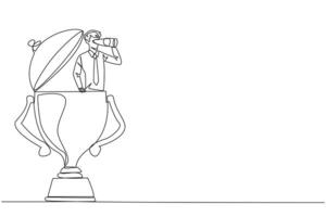 Continuous one line drawing businessman emerges from trophy looking for something through binoculars. Rewards. Winner in the most innovative business. Single line draw design illustration vector