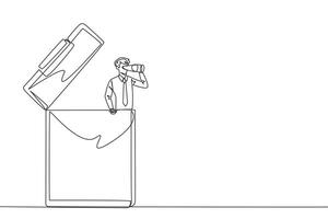 Continuous one line drawing businessman appears out of the clipboard looking for something through binoculars. Agreement report. Promising contract draft. Single line draw design illustration vector