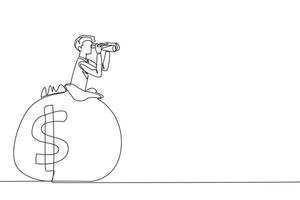 Single one line drawing businessman emerges from the money bag looking for something through binoculars. Share for the true happiness. A valuable legacy. Continuous line design graphic illustration vector