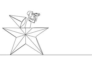 Single continuous line drawing businessman emerging out of star shape look for something through binoculars. Dream business success together. Perfect achievement. One line design illustration vector