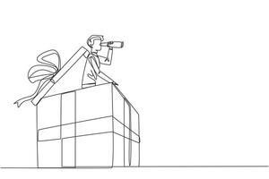 Single continuous line drawing businessman emerged from the gift box look for something through binoculars. Profitable business. Mutual benefit. End of year reward. One line design illustration vector