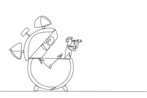 Single one line drawing businessman appears out of the alarm clock looking for something with binoculars. Time is ticking. Achieve business before deadline. Continuous line design graphic illustration vector
