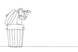 Single continuous line drawing businessman emerges from a trash can looking for something through binoculars. Entrepreneurs are looking for something to scapegoat. One line design illustration vector