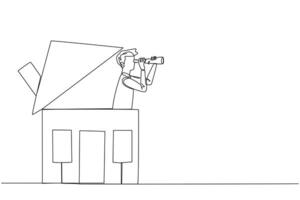 Single one line drawing businessman appears out of miniature house look for something through binoculars. Search ends. Most beautiful place in retirement. Continuous line design graphic illustration vector