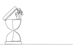 Continuous one line drawing businessman emerges from hourglass looking for something through binoculars. Aligned work makes deadlines easier. Work smart. Single line draw design illustration vector