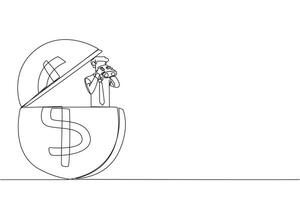 Continuous one line drawing businessman emerges from dollar symbol coin look for something through binoculars. Complete business agreement by getting cash. Single line draw design illustration vector