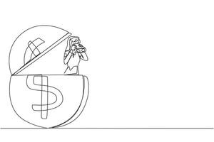 Single continuous line drawing businesswoman coming out of coin holding binocular. Looking for extra money for a decent life in old age. Looking for opportunity. One line design illustration vector