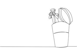 Single one line drawing businessman emerges from a paper cup looking for something through binoculars. Hot tea brought home is a relaxing friend to unwind. Continuous line design graphic illustration vector