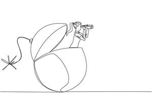 Single continuous line drawing businesswoman get out from burning fuse bomb looks for something through binocular. Secure a company from explosion. Destruction. One line design illustration vector
