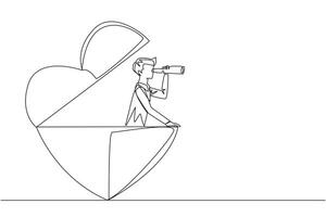 Single one line drawing businessman emerges from the shape of a heart looking for something through binoculars. Success in business and love. Aligned. Continuous line design graphic illustration vector