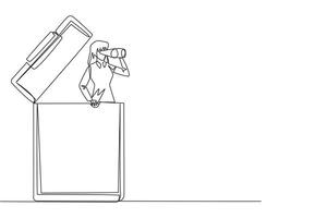 Continuous one line drawing businesswoman comes out of clipboard looking for something through binoculars. Looking for volunteers to fill in report form. Single line draw design illustration vector