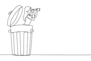 Continuous one line drawing businesswoman comes out of a trash can looking for something through binoculars. Not interested in backbiting. Throw gossip. Single line draw design illustration vector