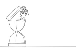 Single continuous line drawing businesswoman coming out of hourglass looking for something through binoculars. Set work rhythm to finish on time. Work smart. One line design illustration vector