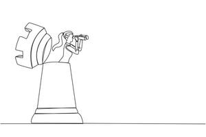 Single one line drawing businesswoman comes out rook chess looking for something through binoculars. Strategies that must be mature for business progress. Continuous line design graphic illustration vector