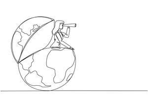 Continuous one line drawing businesswoman out of the globe looking for something through binoculars. Need to see the wider world to achieve much success. Single line draw design illustration vector