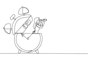 Single continuous line drawing businesswoman out of alarm clock looking for something through binoculars. Provide tight deadlines for presentations. Responsibility. One line design illustration vector