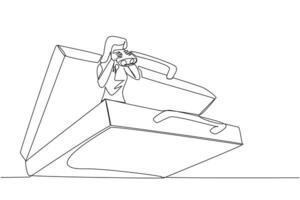 Single one line drawing businesswoman comes out of briefcase looks for something through binoculars. Prepare for business expansion by doing business trips. Continuous line design graphic illustration vector