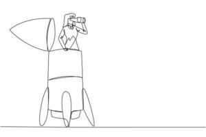 Continuous one line drawing businesswoman exits rocket looking for something through binoculars. Preparing business partners to open new business branches. Single line draw design illustration vector