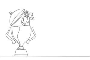 Continuous one line drawing Arabian businessman appears out of trophy looking for something through binoculars. Winner. Undoubted business success. Single line draw design illustration vector