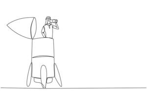 Single continuous line drawing Arab businessman emerges from rocket looking for something through binoculars. Technical preparations completed. Time to skyrocket. One line design illustration vector