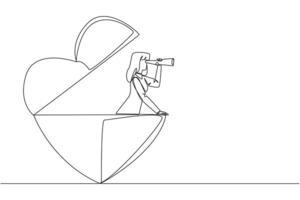 Continuous one line drawing businesswoman out of heart shape looks for something through binoculars. Looking for some people to do charity. Useful kindness. Single line draw design illustration vector