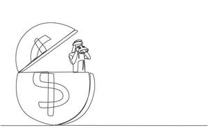 Single one line drawing Arabian businessman pops out of a dollar symbol coin looking for something through binoculars. Save slowly for a calmer old age. Continuous line design graphic illustration vector