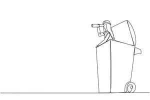 Continuous one line drawing Arabian businessman pops out of a wheeled bin looking for something through binoculars. Environmental care. Keep it green. Single line draw design illustration vector