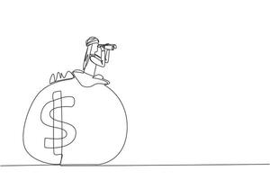 Single one line drawing Arabian businessman pops out of money bag looking for something through binoculars. More than adequate retirement funds. Gratefully. Continuous line design graphic illustration vector