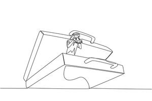 Single continuous line drawing Arabian businessman pops out of briefcase looking for something through binoculars. Preparing to travel to introduce new business. One line design illustration vector