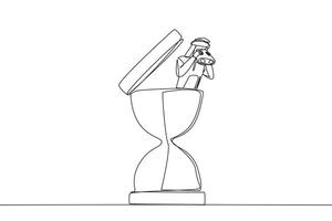 Single continuous line drawing Arab businessman appears out of the hourglass looks for something through binoculars. Strict time implementation. Focus on business. One line design illustration vector