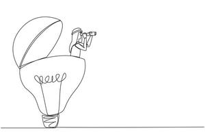 Continuous one line drawing Arabian businessman pops out of a lightbulb looking for something through binoculars. Needs more light to get ideas. Brilliant. Single line draw design illustration vector