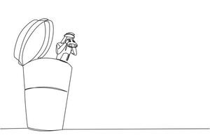 Continuous one line drawing Arab businessman appears out of a paper cup looking for something through binoculars. Waiting for colleague while buying coffee. Single line draw design illustration vector