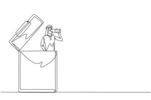 Single one line drawing Arab businessman pops out of clipboard looking for something through binoculars. Easily work on many forms. Final report completed. Continuous line design graphic illustration vector