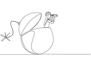 Continuous one line drawing Arab businessman emerges from bomb with a burning fuse look for something with binoculars. Big risks are coming. Early warning. Single line draw design illustration vector