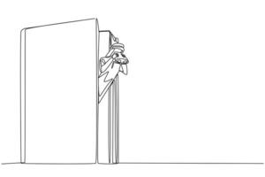 Single one line drawing Arab businessman appears out of old book looking for something with binoculars. Save history carefully for a better business life. Continuous line design graphic illustration vector