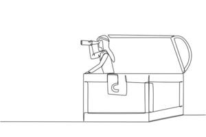 Single continuous line drawing Arabian businessman emerges from a treasure chest looking for something through binoculars. Mining is complete. Lots of luck. One line design illustration vector