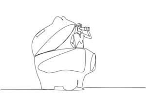 Single one line drawing Arabian businessman pops out of piggy bank looking for something through binoculars. Implement savings for maximum business profits. Continuous line design graphic illustration vector
