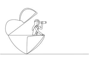 Continuous one line drawing Arabian businessman appears out of a heart shape looking for something through binoculars. Work life balance. Nobody get hurt. Single line draw design illustration vector