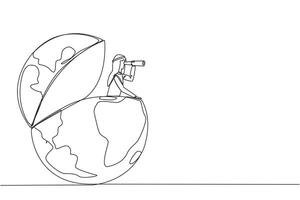 Single continuous line drawing Arab businessman pops out of globe looking for something through binoculars. Mapping strategic locations for new business promotions. One line design illustration vector