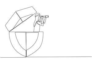 Single continuous line drawing Arab businessman emerges from shield look for something with binoculars. Look for most effective way to ward off cyber crime attacks. One line design illustration vector
