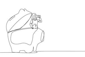 Continuous one line drawing Arabian businesswoman pops out of piggy bank look for something with binoculars. Looking for reliable investment for retirement. Single line draw design illustration vector