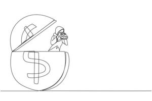 Single one line drawing Arab businesswoman emerges from dollar symbol coin look for something with binoculars. Look for money to share as sign of gratitude. Continuous line design graphic illustration vector