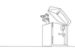 Single one line drawing Arabian businessman pops out of safe deposit box looking for something with binoculars. Get out to find a safer place than before. Continuous line design graphic illustration vector