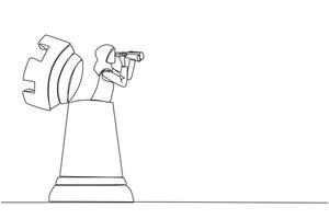 Single one line drawing Arabian businesswoman emerges from the rook chess piece looking for something through binoculars. Finalize business strategies. Continuous line design graphic illustration vector