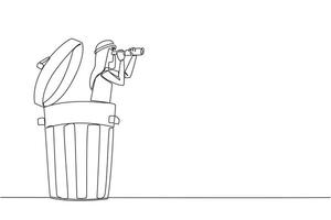 Single one line drawing Arabian businessman pops out of a trash bin looking for something with binoculars. Trying out waste materials for business profit. Continuous line design graphic illustration vector