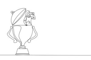 Single one line drawing Arab businesswoman emerges from trophy looking for something through binoculars. Get ready to win the many rewards that await. Continuous line design graphic illustration vector