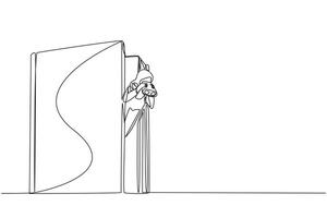 Single continuous line drawing Arab businesswoman appears out of old book look for something with binocular. Equating people's stories with history written in book. One line design illustration vector